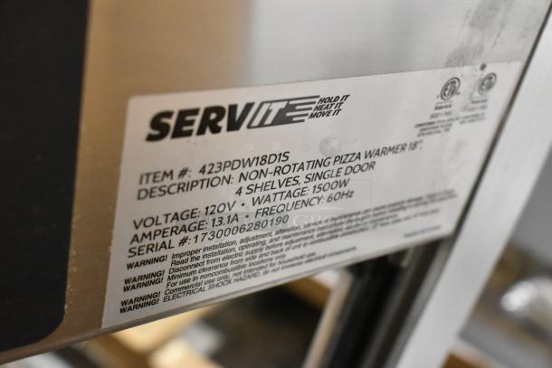 BRAND NEW SCRATCH AND DENT! ServIt 423PDW18D1S Stainless Steel 18" Display Warmer with 4 Shelves. 115V, 1 Phase. Item tag shown.
