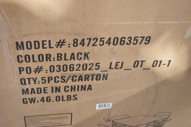Box with markings for a brand new scratch and dent folding table, model 847254063579, color black, made in China.