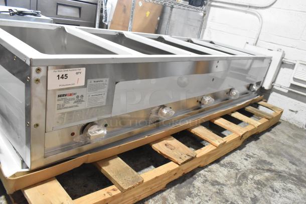 BRAND NEW ServIt 423EST5WOPB five pan open well electric steam table with angled sneeze guard, 208/240V, on pallet.