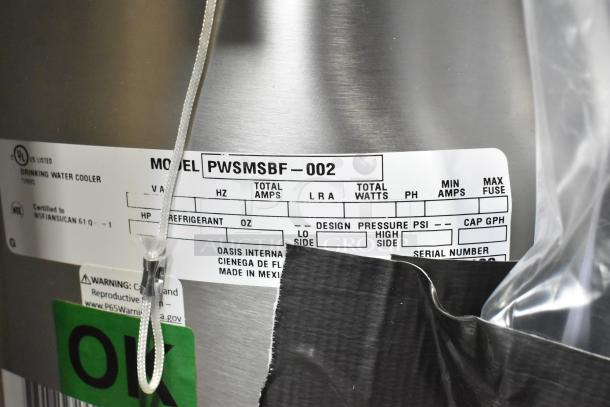 Brand new Oasis AquaPointe VersaFiller PWSMSBF bottle filling station label, model 002, stainless steel, non-refrigerated.