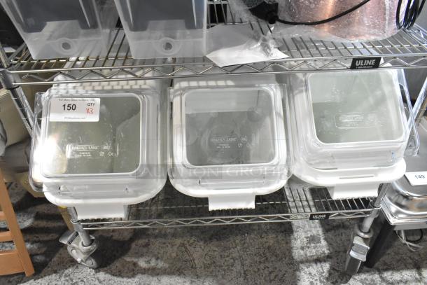 Three new Bakers Lane 176IB100 ingredient bins, 6.3-gallon capacity, with flip lids, label sheet, scoop, and minor scratches.