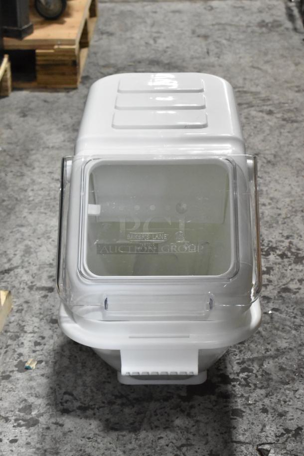 Brand new Bakers Lane 176IB100 6.3-gallon ingredient bin with flip lid and scoop. Label indicates model and capacity.
