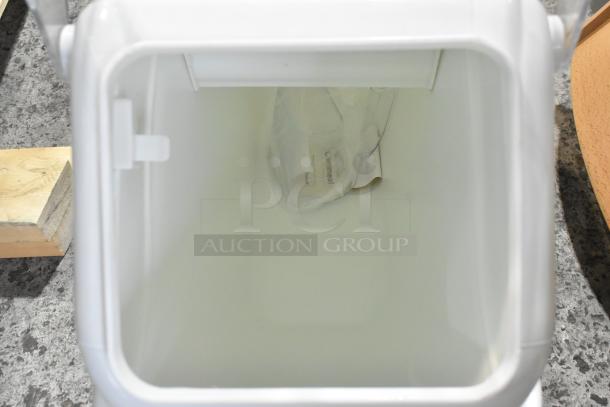 Three new Bakers Lane 176IB100 ingredient bins, 6.3 gallons, flip lid, label sheet, scoop included, minor scratches.