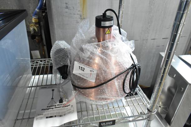 BRAND NEW ServIt 423HLS85CR 8' Ceiling Mount Heat Lamp, Modern Copper Finish, Round Dome Shade, 120V, 1 Phase, in packaging.