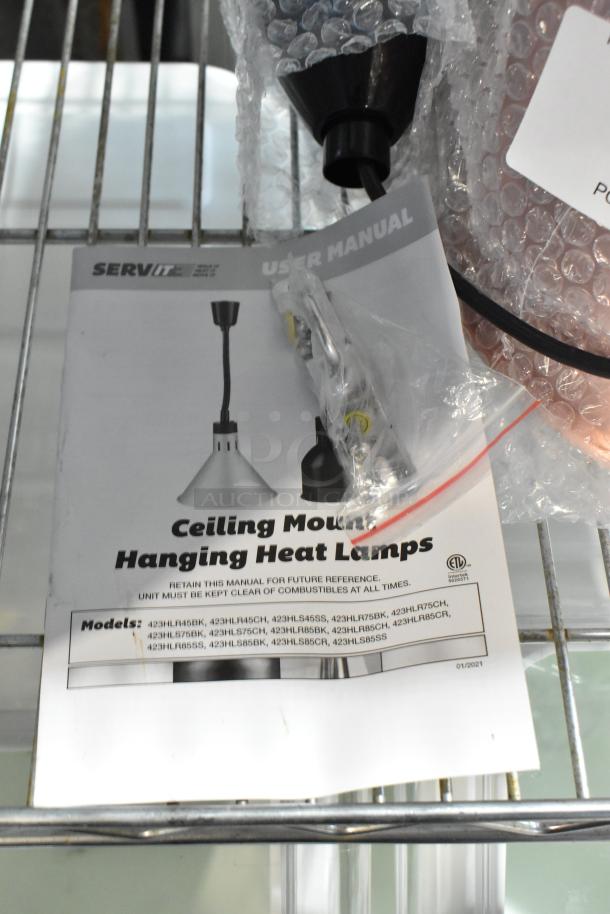 Brand new ServIt 423HLS85CR 8' ceiling mount heat lamp with copper finish. Includes user manual. 120V, 1 phase. Scratch and dent condition.