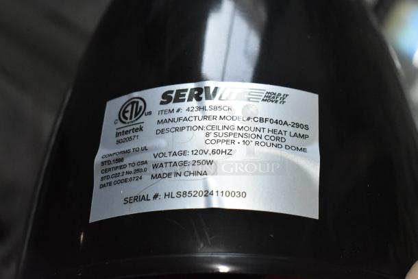 BRAND NEW ServIt 423HLS85CR 8' heat lamp, copper finish, round dome shade, 120V, 1 phase. ETL certified. Serial: HLS852024110030.