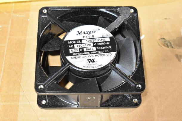 Maxair BT110 Fan, Model 12038B1HL, brand new scratch and dent item, 110-120V, ball bearing, impedance protected.