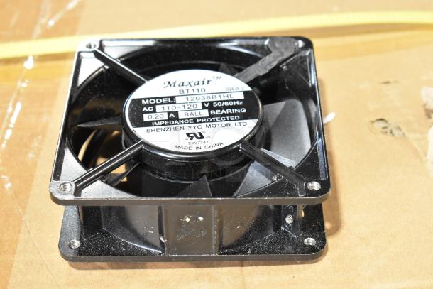 Black Maxair BT110 fan with label showing model 12038B1HL, 110-120V, 0.26A, ball bearing, made in China.