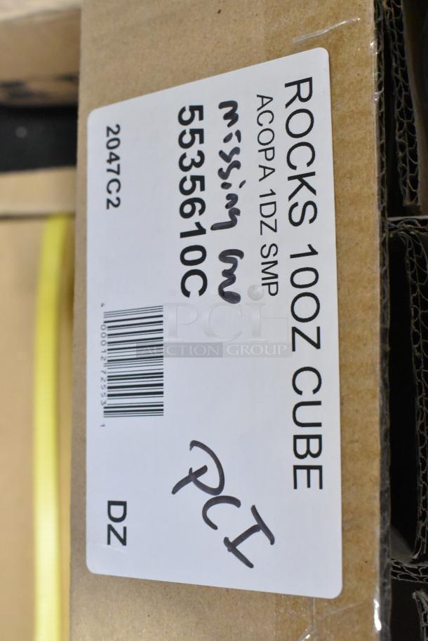 Label on box reading "ROCKS 10OZ CUBE, ACOPA 1DZ SMP, missing, 5535610C, PCI," containing scratch and dent glassware.