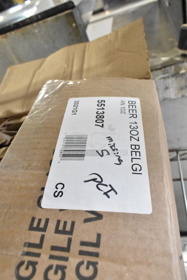 Box with label for 13 oz. Belgian Beer Glasses, case of 7, SKU 5513807, marked "missing 5." Auction lot includes three items.