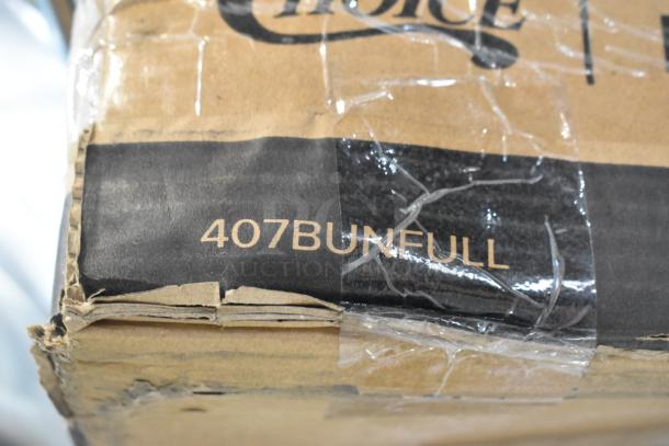 Brown cardboard box labeled "407BUNFULL" containing Choice full-size 18"x26" wire rim aluminum bun pan. Box sealed with tape.