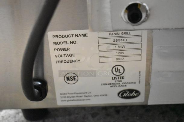 BRAND NEW Globe GSG14D Commercial Deluxe Sandwich Grill, 14" x 14" smooth plates, 120V, UL and NSF listed, tag details visible.