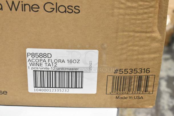 Label on box of Acopa Flora 16 oz. Wine Glasses, 12 units per master case, made in USA.