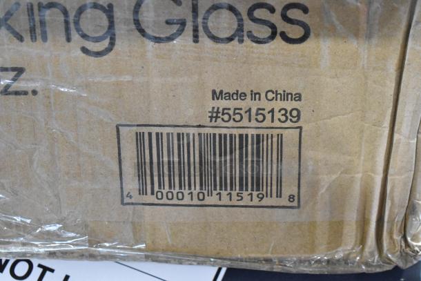 Cardboard box with a barcode, "#5515139", and "Made in China". Contains various glassware brands.