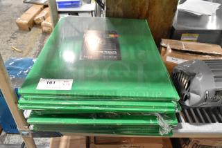 Set of 14 new Choice green polyethylene cutting boards, 24"x18"x1/2". Minor scratches and dents visible. Lot tag "161, QTY X14".
