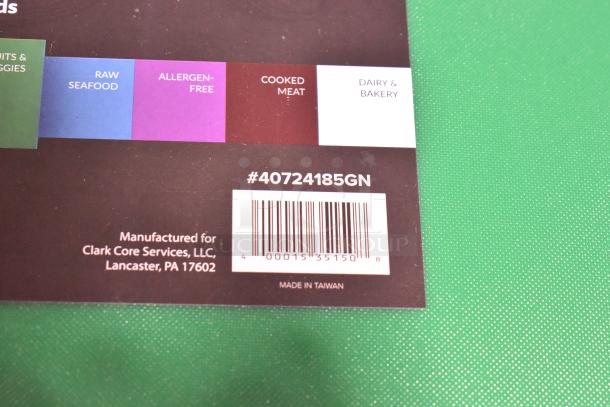 14 new 24"x18"x1/2" green polyethylene cutting boards, item #40724185GN, minor scratches/dents, allergen-free label.