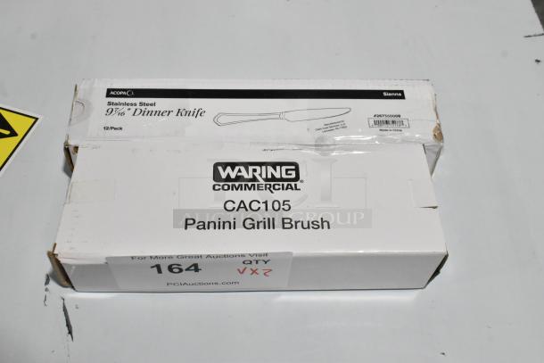 Brand new Acopa Sienna stainless steel dinner knife set and CAC105 Waring panini grill brush in original packaging.