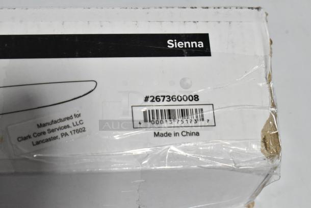 Box with label showing "Sienna," item #267360008, barcode, and "Made in China." Contains Acopa dinner knives.