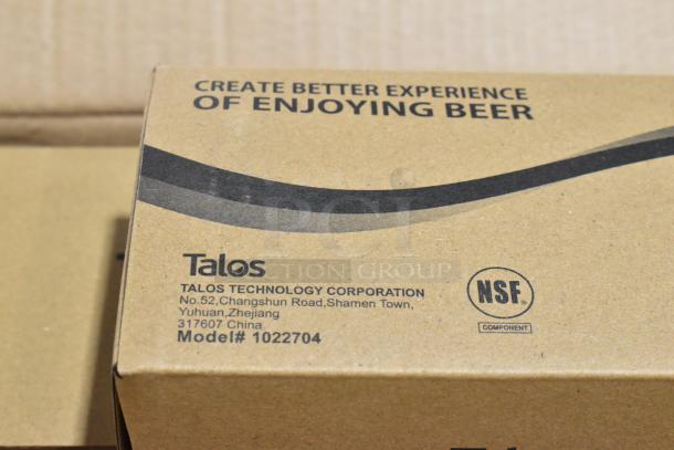 Cardboard box labeled "Create Better Experience of Enjoying Beer" from Talos Technology Corp. Model# 1022704, NSF certified.