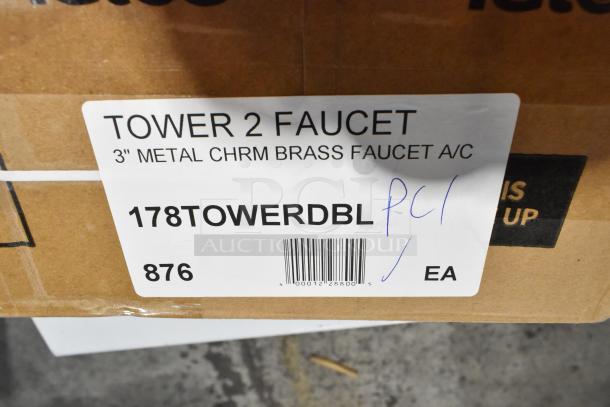 Box labeled "Tower 2 Faucet," 3" metal chrome brass faucet A/C, model 178TOWERDBL, new condition with barcode visible.
