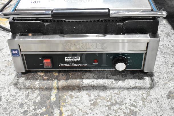 Waring WDG250 stainless steel panini press, commercial grade, 120 volts, 1 phase, clean condition, NSF certified.