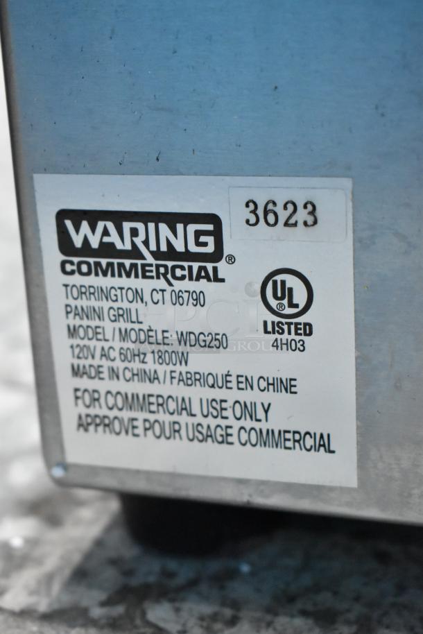 Waring WDG250 stainless steel commercial panini press label, 120V, 1 phase, UL listed, made for commercial use.