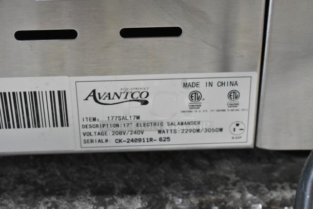 BRAND NEW Avantco 177SAL17M Stainless Steel 17" Electric Salamander with scratches, 208/240V, 2290W/3050W, Made in China.