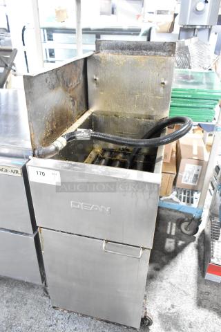 Dean SR42GNS stainless steel gas fryer, 105,000 BTU, on casters. Shows wear, suitable for commercial use.