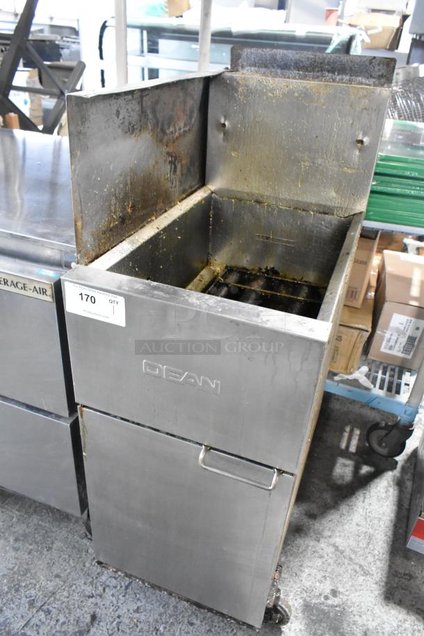 Dean SR42GNS stainless steel gas fryer, 105,000 BTU, on casters. Signs of use, label shows auction number 170.