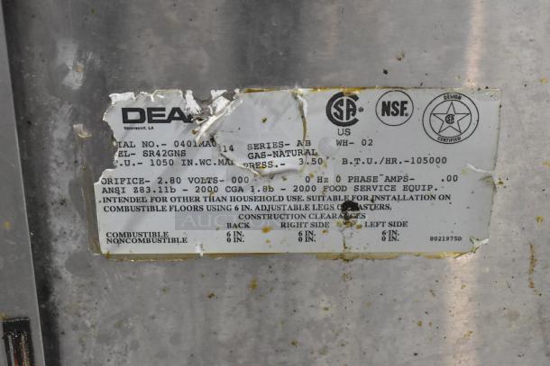 Dean SR42GNS stainless steel commercial gas deep fat fryer, 105,000 BTU, with casters. Wear visible on label.