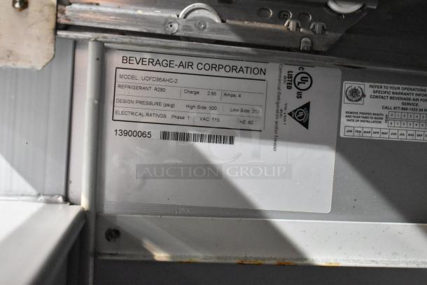 Beverage Air UCFD36AHC-2 stainless steel undercounter freezer label, details refrigerant R290, 115V, 1 phase, UL listed.