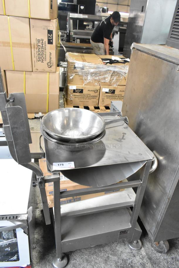 M&E Manufacturing stainless steel meat slicer stand with metal bowls, commercial use, good condition, visible item tag.