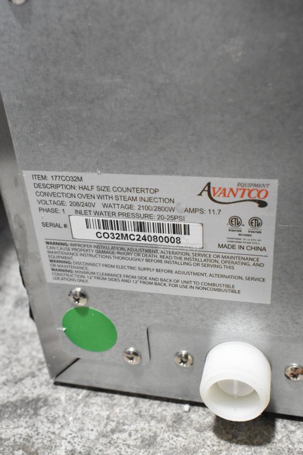 Alt text: Avantco 177CO32M stainless steel half-size countertop convection oven label. Shows model, voltage, and warnings.