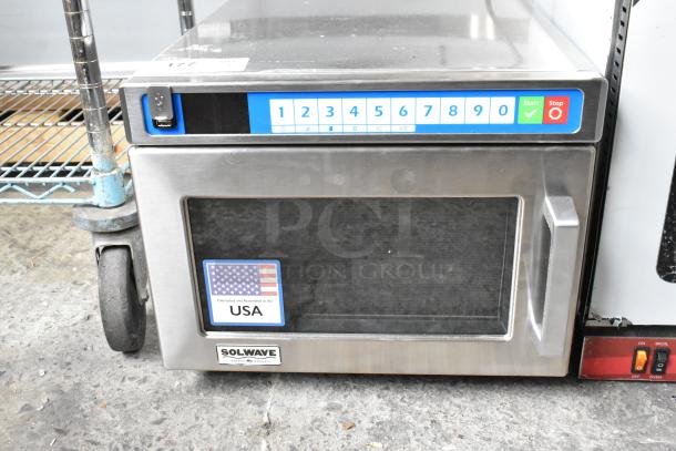 BRAND NEW Solwave SWAHD18 microwave, heavy-duty stainless steel, push button controls, 208/240V, USA-made, minor dents.