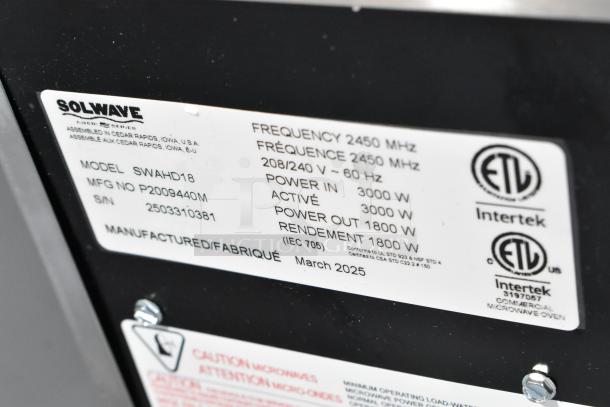 BRAND NEW Solwave SWAHD18 Heavy-Duty Microwave, stainless steel, push button controls, 208/240V, March 2025 manufacture.