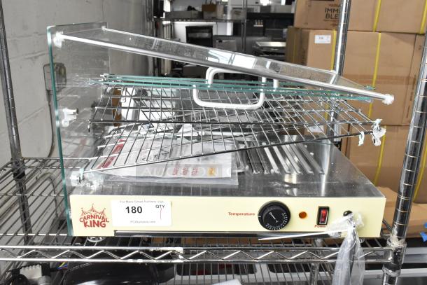 BRAND NEW Carnival King 382HDSG2A hot food display case, 2 shelves, glass damage visible, 120V, 1-phase.
