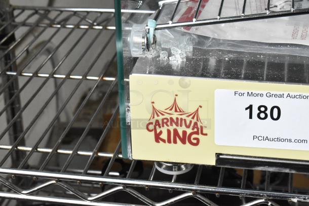 Brand new Carnival King 382HDSG2A hot food display case, silver square glass, 2 shelves, glass damage visible.