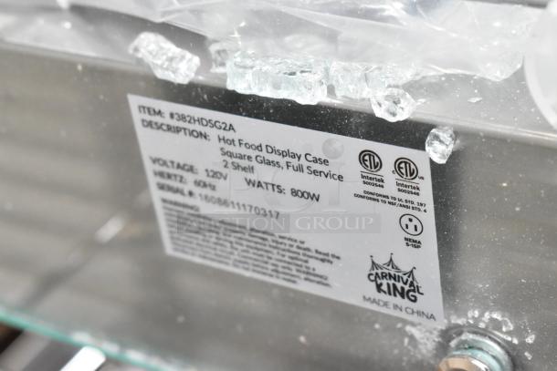 Carnival King 382HDSG2A hot food display case with 2 shelves, damaged glass. 120V, 800W, ETL certified, made in China.