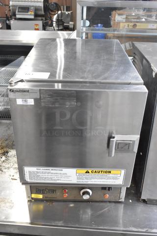 Southbend RS-4E SteamMaster single deck steam cabinet in stainless steel. Electric, 208 volts, 1/3 phase. Visible brand label.