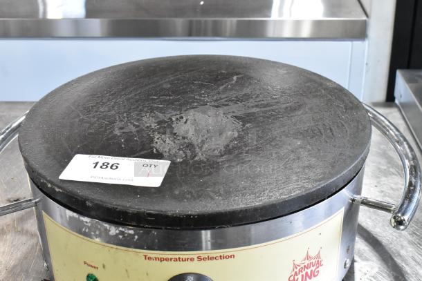 2023 Carnival King 16" round portable non-stick crepe maker, model 382TCMPT16A. Features temperature control.