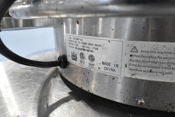 2023 Carnival King 382TCMPT16A 16" portable crepe maker, non-stick, 120V, 1750W, with manufacturer label showing details.