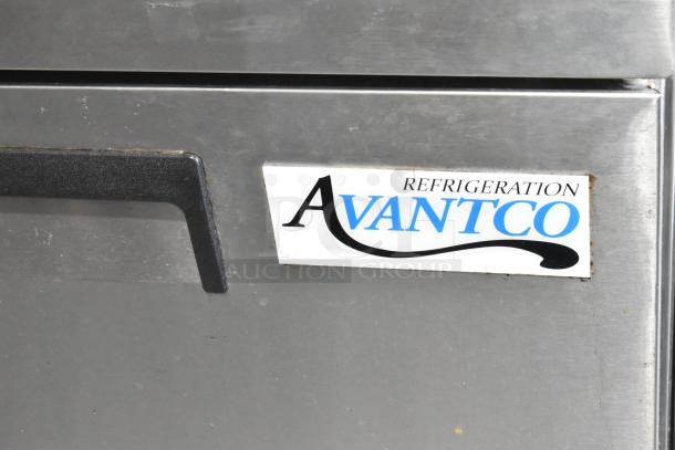 Avantco 178AU48FHC stainless steel 2-door undercounter freezer. Commercial casters, 115V, 1-phase. Visible Avantco label.