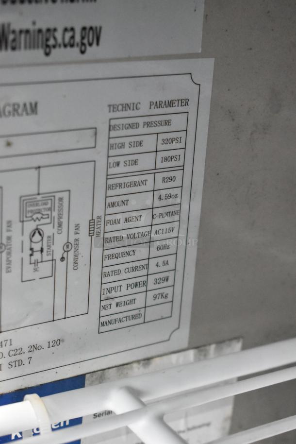 Alt text: Label on Avantco 178AU48FHC freezer shows technical specs: R290 refrigerant, 115V, 329W, 97kg weight.