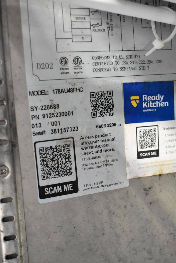 Avantco 178AU48FHC stainless steel commercial undercounter freezer label, showing model, serial number, and certifications.