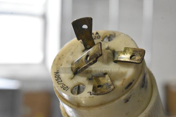 Close-up of a power plug for a Hoshizaki commercial ice machine. Markings show "125/250V" and visible wear on the prongs.
