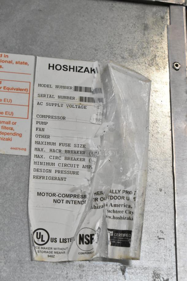 Hoshizaki stainless steel commercial ice machine label showing specifications and certifications. 125/250 Volts, 3 Phase.