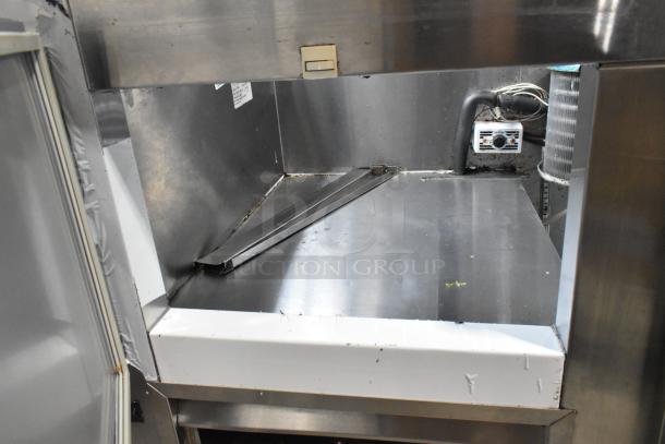 Leader LM48 S/C stainless steel commercial prep table with sneeze guard, 115V, 1 phase, showing interior surface and wiring.