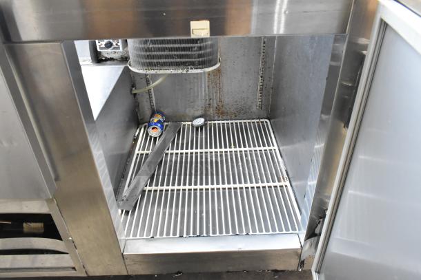 Leader LM48 S/C stainless steel commercial prep table with sneeze guard, shown in used condition. 115 volts, 1 phase.