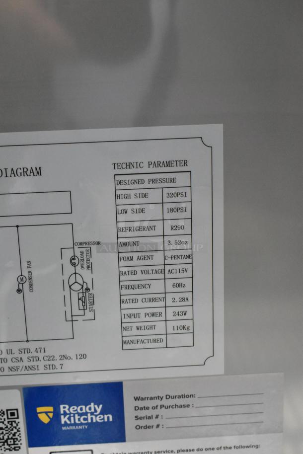 Alt text: Label on Avantco 178MC49HC stainless steel milk cooler showing technical parameters and warranty information.