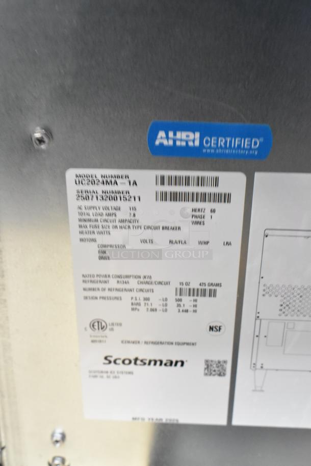 BRAND NEW Scotsman UC2024MA-1A ice machine, AHRI certified label, 227 lb. capacity, 115V 1 Phase, stainless steel.